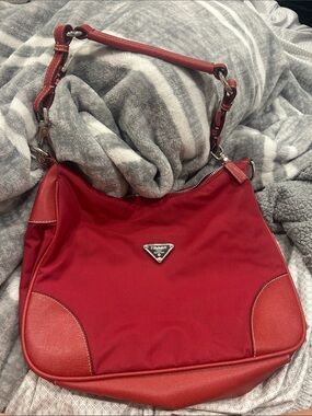 Prada Red Nylon and Leather Hobo Shoulder Bag